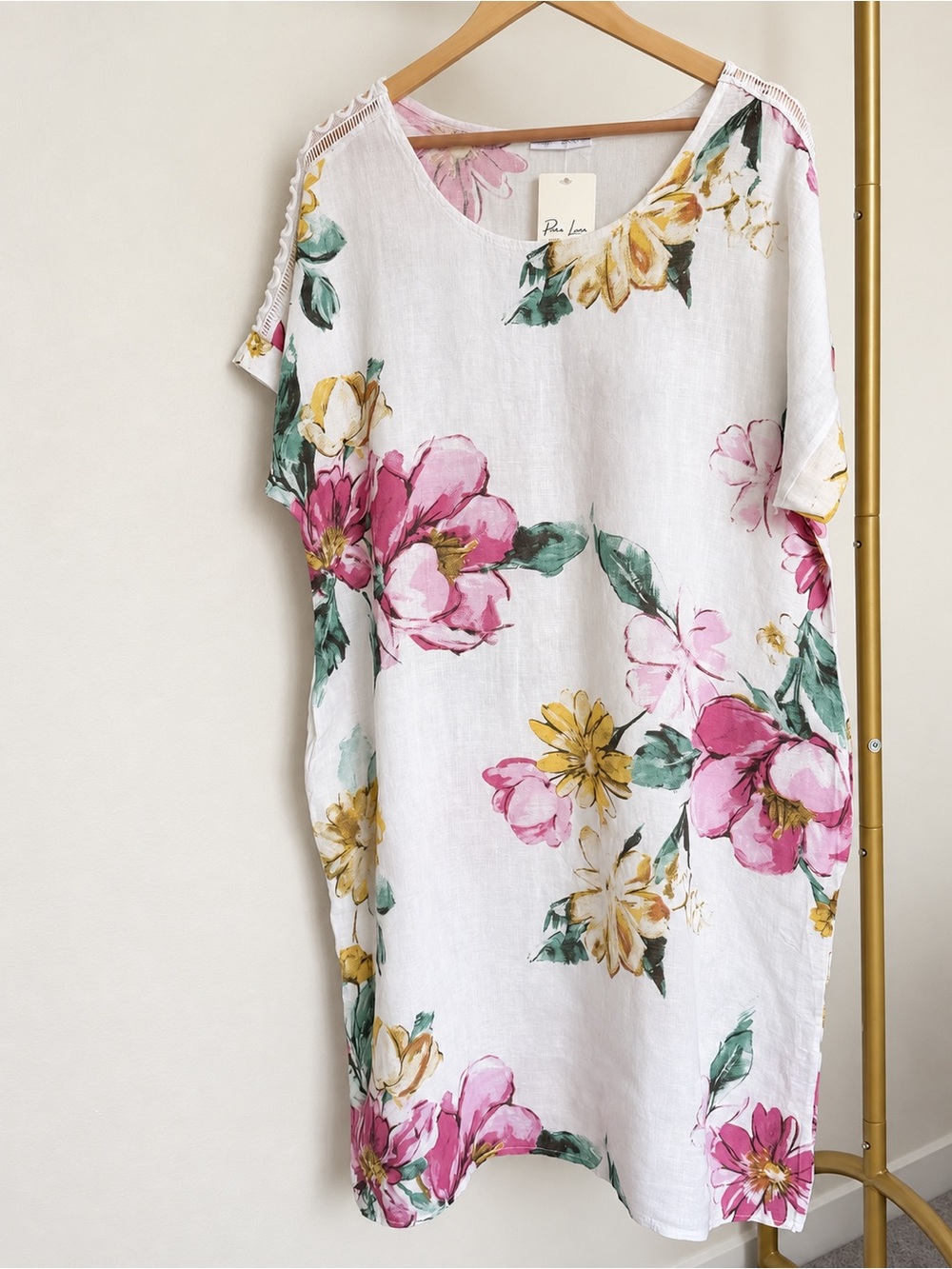 IT028 🇮🇹 Made in Italy 100% Linen White Floral Print Midi Dress